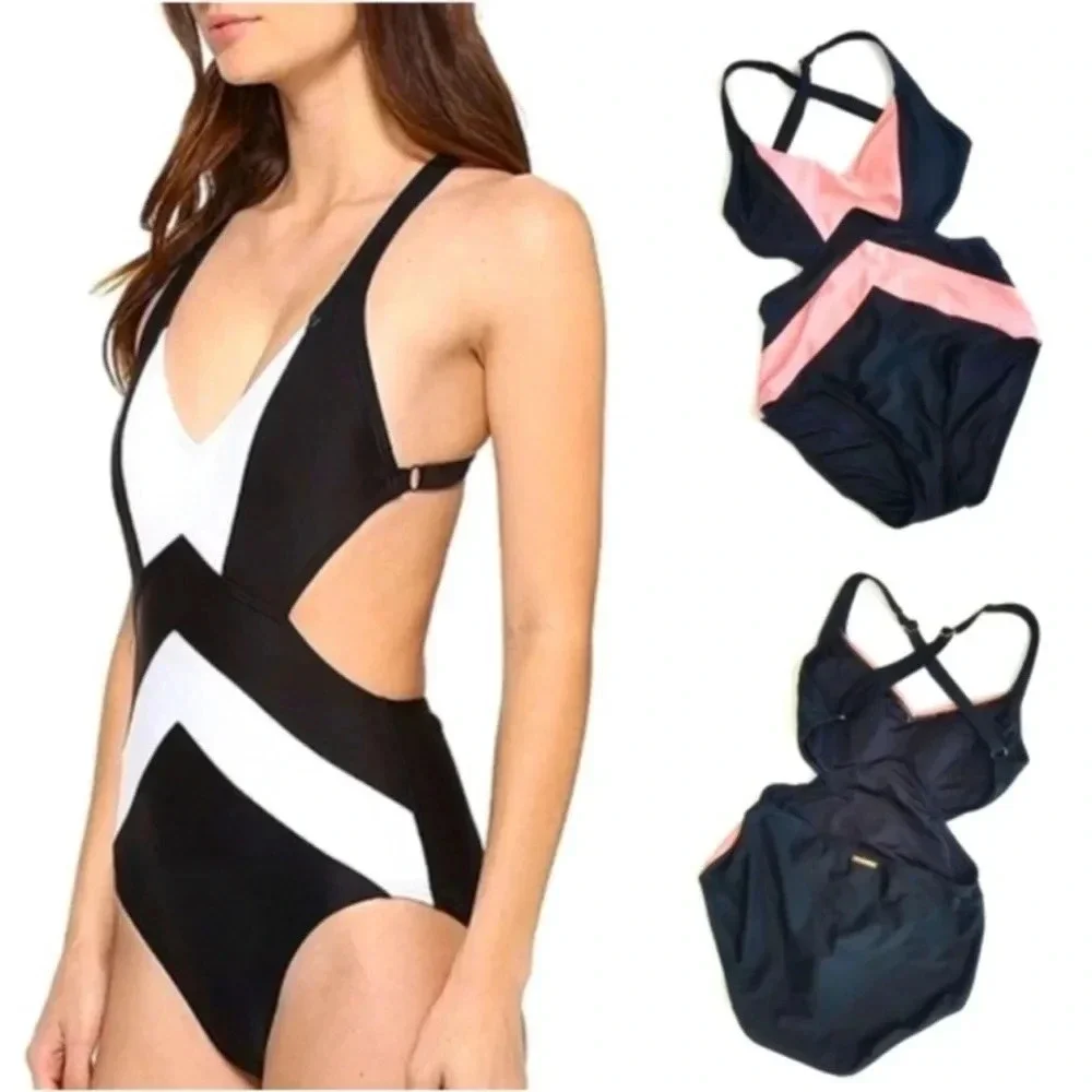 MICHAEL Michael Kors One Piece Swimsuit Bikini Open Back Pink Black Regatta 10 - Picture 2 of 9